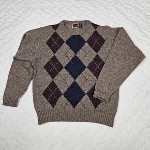 Mountain Express Brown Navy Argyle Dimond Shetland wool Sweater L